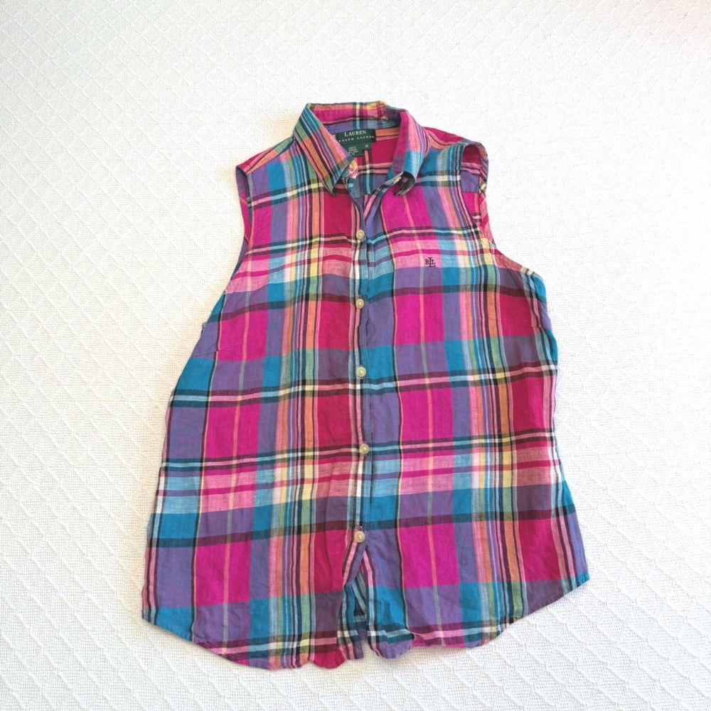 Lauren Ralph Lauren Womens Pink Blue Plaid 100% Linen Sleeveless Shirt Size M